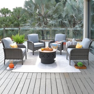 Hyacinth Gray 5-Piece Wicker Patio Wood Burning Fire Pit Conversation Seating Set with Gray Cushions