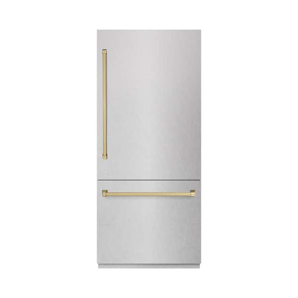ZLINE Kitchen and Bath Autograph 36 in. Built-In Refrigerator in Satin Steel with Graphite Gray Interior and Champagne Bronze Accents