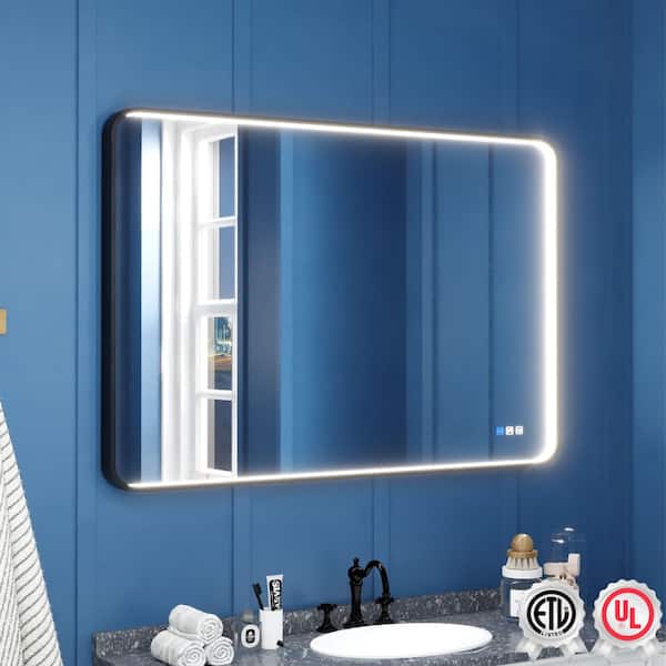 waterpar Frame Light 48 in. W x 32 in. H Rectangular Aluminum Framed Anti-Fog LED Wall Bathroom Vanity Mirror in Black