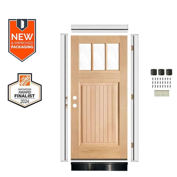 DIY 36 in. x 80 in. Right-Hand 3-Lite Clear Glass Unfinished Hemlock Wood Front Door Kit Plus Quick Assemble Jamb, w/ VG