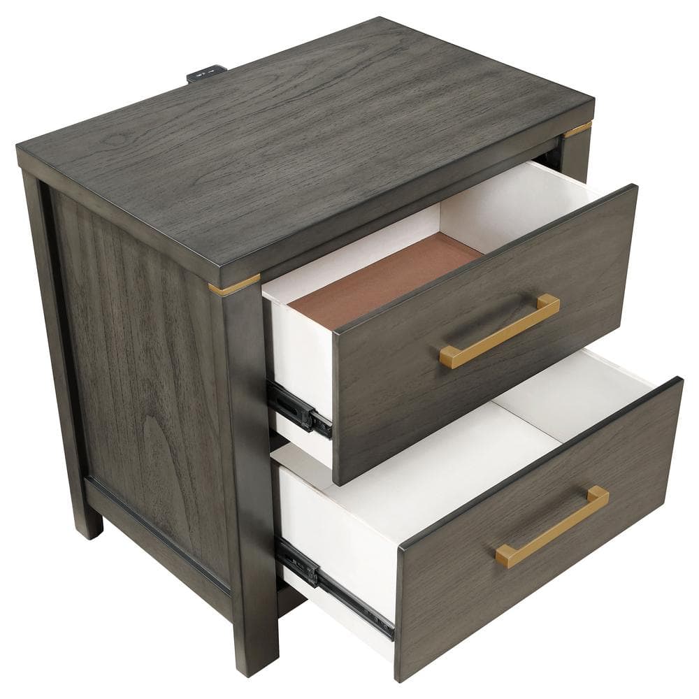 Gray Pine Transitional 2-Drawer Nightstand with Brass Accents