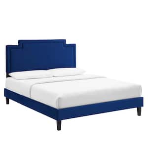 Liva Blue Performance Velvet Frame Queen Platform Bed with Tapered Black Wood Legs
