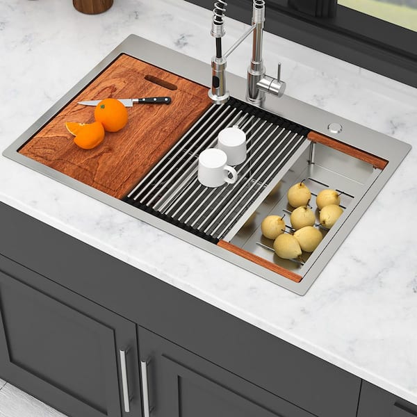 33 in. Drop-In Double Bowl (50/50) 16 Gauge Brushed Nickel Stainless Steel Kitchen Sink with Workstation