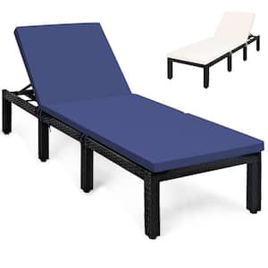 Patio Lounge Chair Rattan Chaise with Adjustable Navy and Off White Cushioned