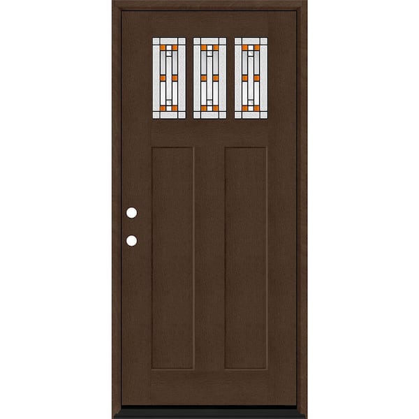 Steves & Sons Regency 36 in. x 80 in. 3-Lite Amberton Decor Glass RHIS Hickory Stain Fir Grain Fiberglass Prehung Front Door