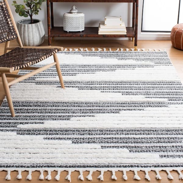 Moroccan Tassel Shag 9 ft. x 12 ft. Dark Gray/Ivory Abstract Geometric Area Rug