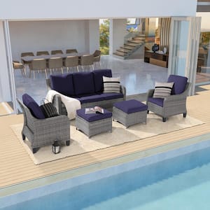 5-Piece Gray Wicker Patio Sofa Set Outdoor Conversation Set with 3-Seat Sofa Ottomans, Navy Blue Cushions