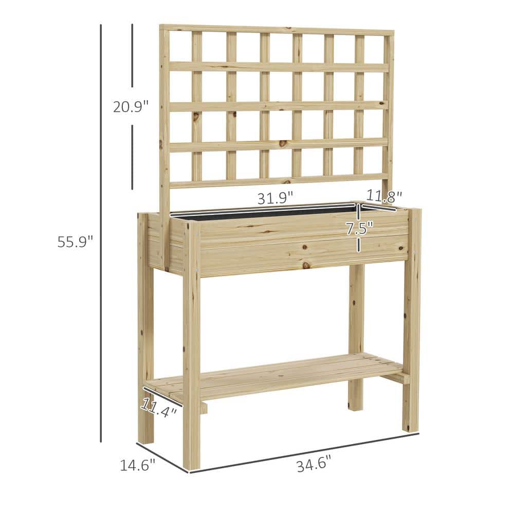 Natural Fir Wood Raised Planter Box with Trellis and Storage Shelf