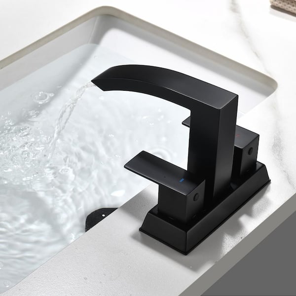 Ami 4 in. Centerset Double Handle Mid Arc Bathroom Faucet with Drain Kit Included in Matte Black