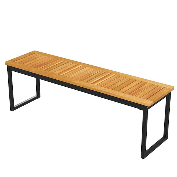 Costway 51 in. Metal Wooden Outdoor Bench Patio Dining Bench with Acacia Wood Seat Natural