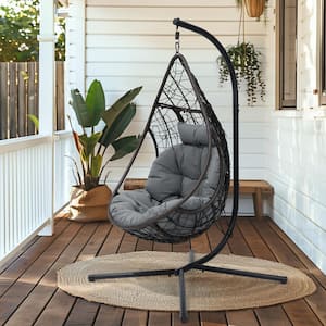 1-Person Wicker Patio Swing with Stand and Cushion in Gray