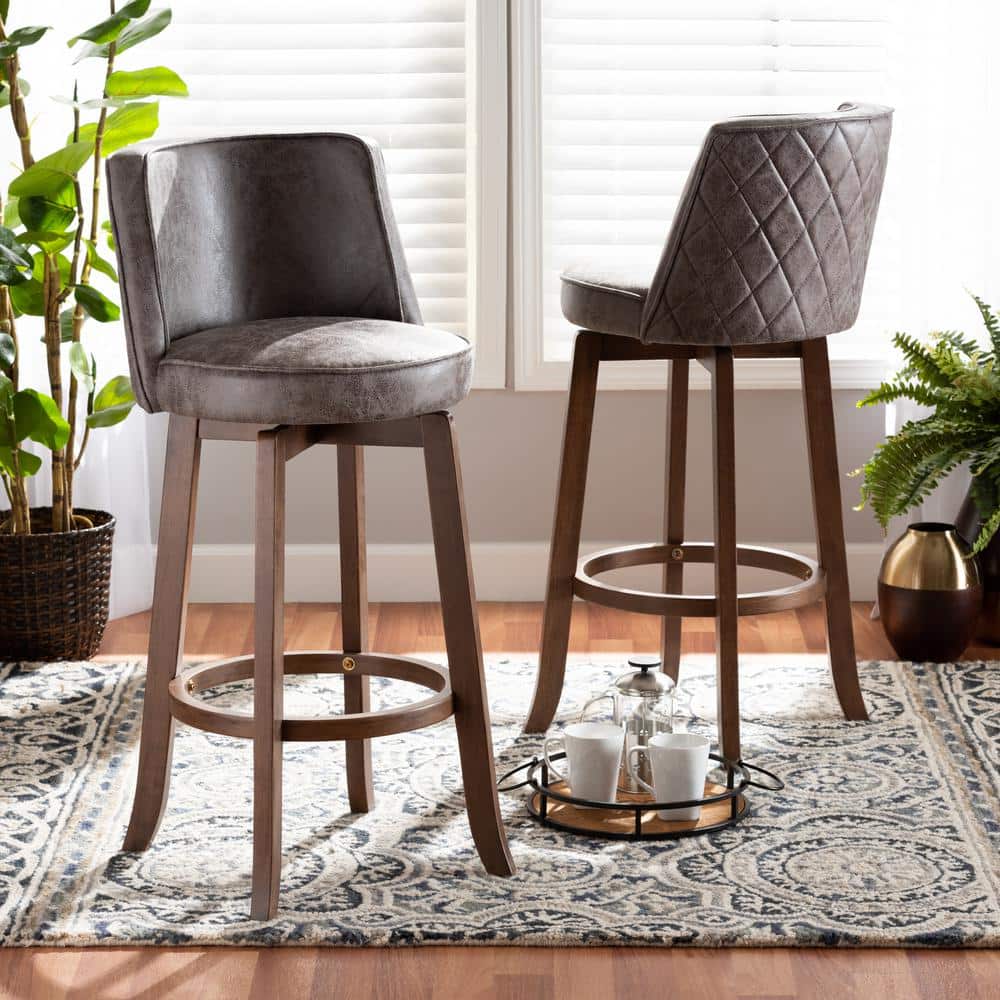 Adams Walnut Brown Swivel Bar Stools with Grey Upholstery, Set of 2