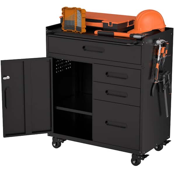 Black 34.4 in. H Metal Storage Cabinet, Rolling Tool Cabinet with 3 Drawers, Locking Doors and Pegboard Side Panels