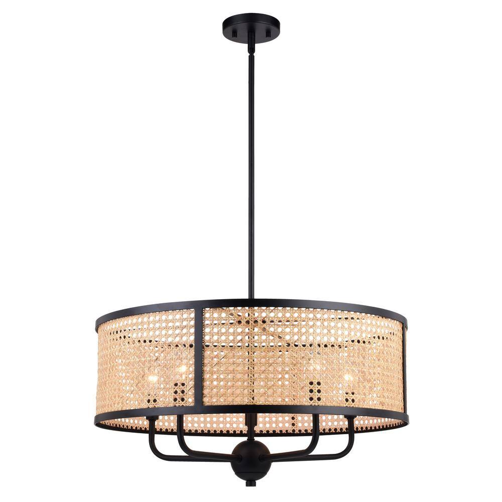 Matte Black and Rattan Drum Pendant Light Fixture