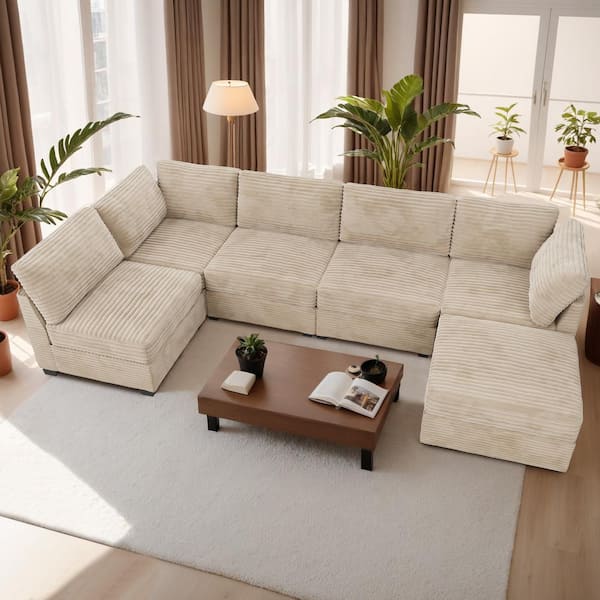 Allwex 130 in. Square Arm Modern 6-Piece Plush Corduroy L-Shape Free Combination Modular Sectional Sofa in Beige with Ottoman