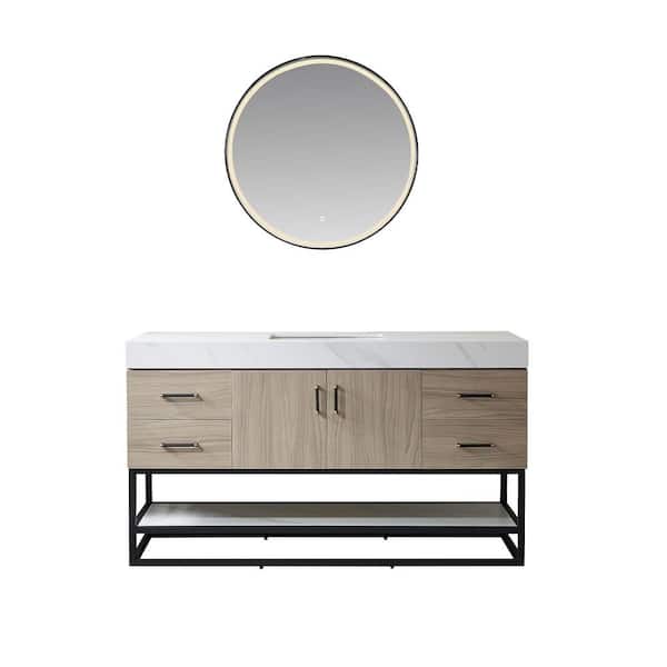 ROSWELL Toledo 60 in. W x 22 in. D x 34 in. H Single Sink Bath Vanity in Light Walnut with White Composite Stone Top and Mirror