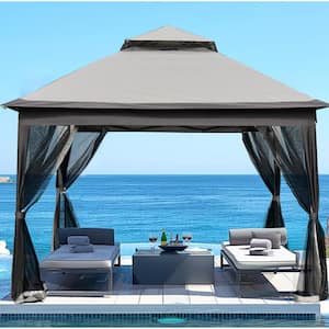 11 ft. x 11 ft. Grey Pop Up Double Top Gazebo Canopy With Removable Mesh Zipper Sidewalls and Carrying Bag