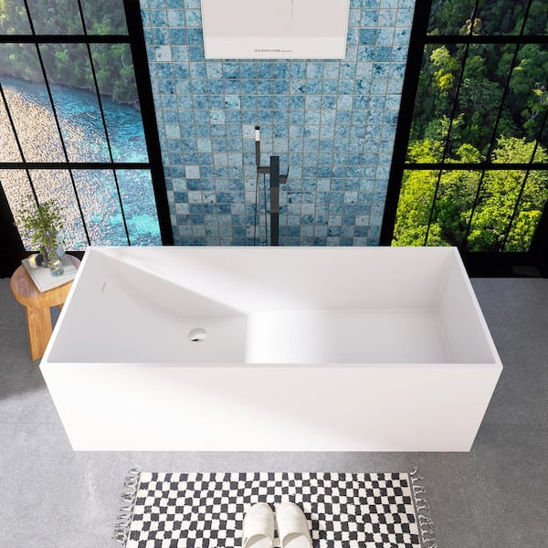 67 in. x 28 in. Stone Resin Solid Surface Freestanding Soaking Bathtub with Center Drain in Matte White