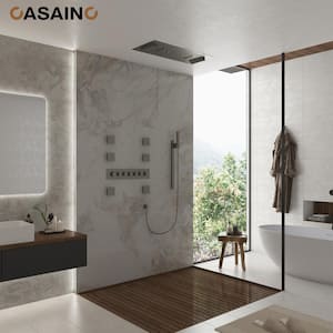 6-Spray Ceiling Mount Thermostatic Shower Systems with Fixed and Handheld Shower Head 2.5 GPM in Brushed Nickel