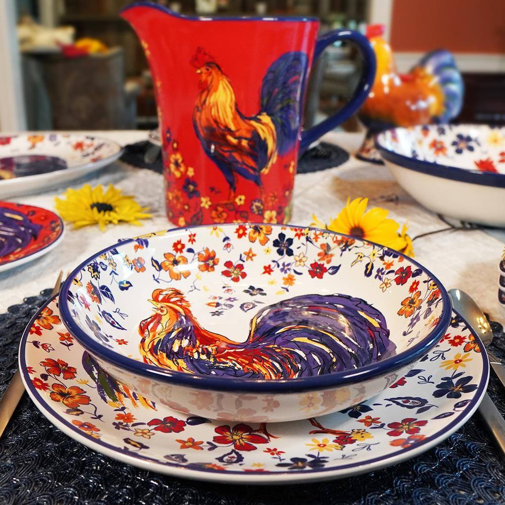 Vibrant Red Ceramic Square Platter with Rooster Design