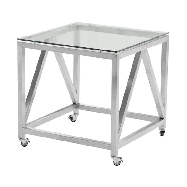 Armen Living Armen Living Enessa Tempered Glass Top Contemporary Square End Table with Wheels in Brushed Stainless Steel Finish