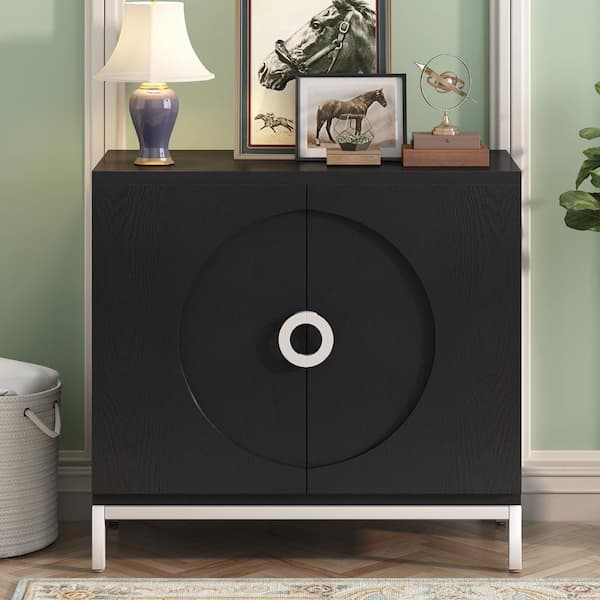 Harper & Bright Designs Black Wood 34 in. Sideboard with Adjustable Shelve, Solid Wood Veneer and Metal Legs