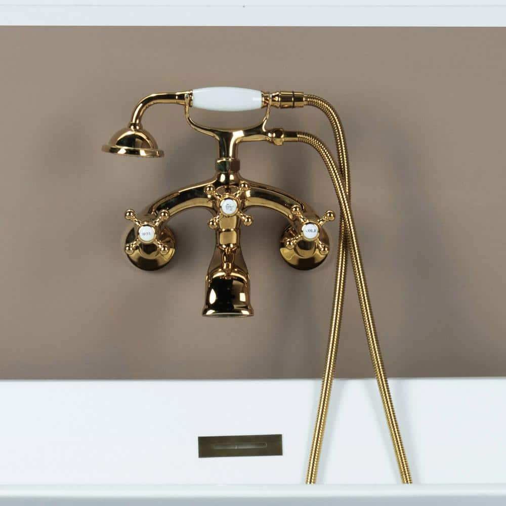 Unlacquered Brass Wall Mount Bath Tub Filler, Brass Bathroom Wall Mounted Bathtub  Faucet With Telephone Hand Shower