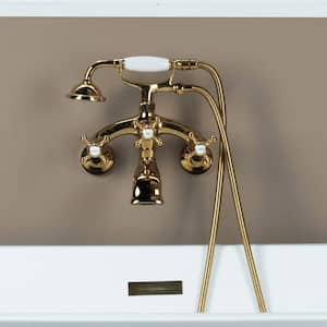 3-Handle Wall-Mount Adjustable Centers Bathtub Faucet with Handshower and Hose in Polished Gold