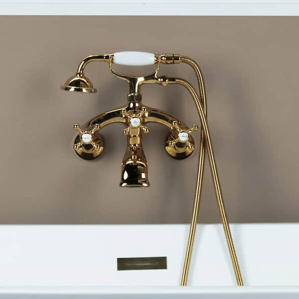 3-Handle Wall-Mount Adjustable Centers Bathtub Faucet with Handshower and Hose in Polished Gold