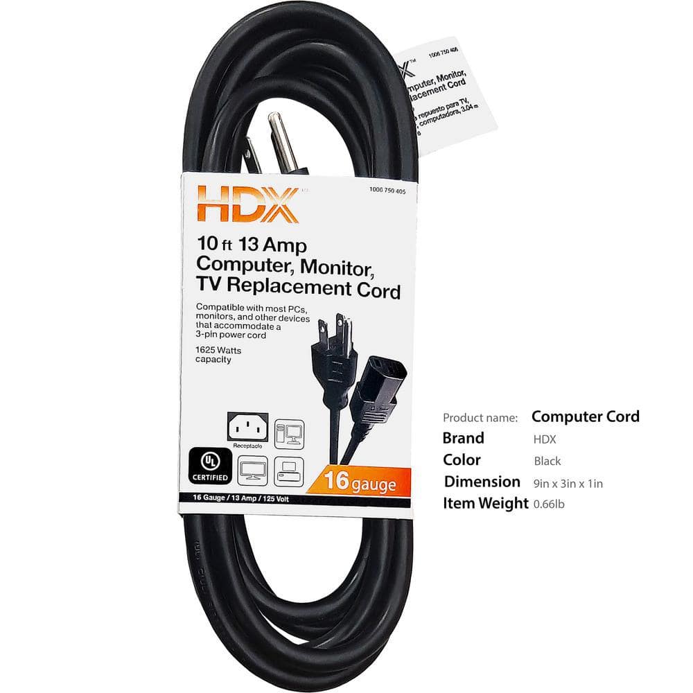 HDX 10 ft. 16/3 Light Duty Computer, Monitor, TV Replacement Cord, Black  SJT16310COMP - The Home Depot