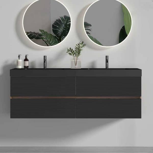 60 in. Fully Assembled Double Sink Bath Vanity in Walnut with Black Engineered Quartz Composite Top