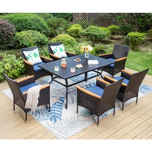 Black 7-Piece Metal Rectangle Patio Outdoor Dining Set with Slat Table and Rattan Chairs with Blue Cushion