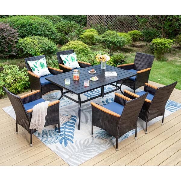 PHI VILLA Black 7-Piece Metal Rectangle Patio Outdoor Dining Set