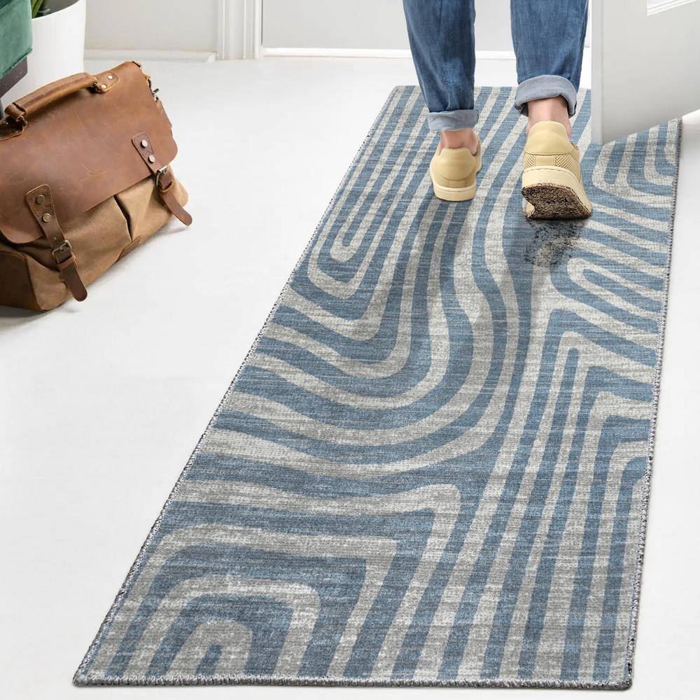 Blue and Cream Abstract Machine-Washable Runner Rug
