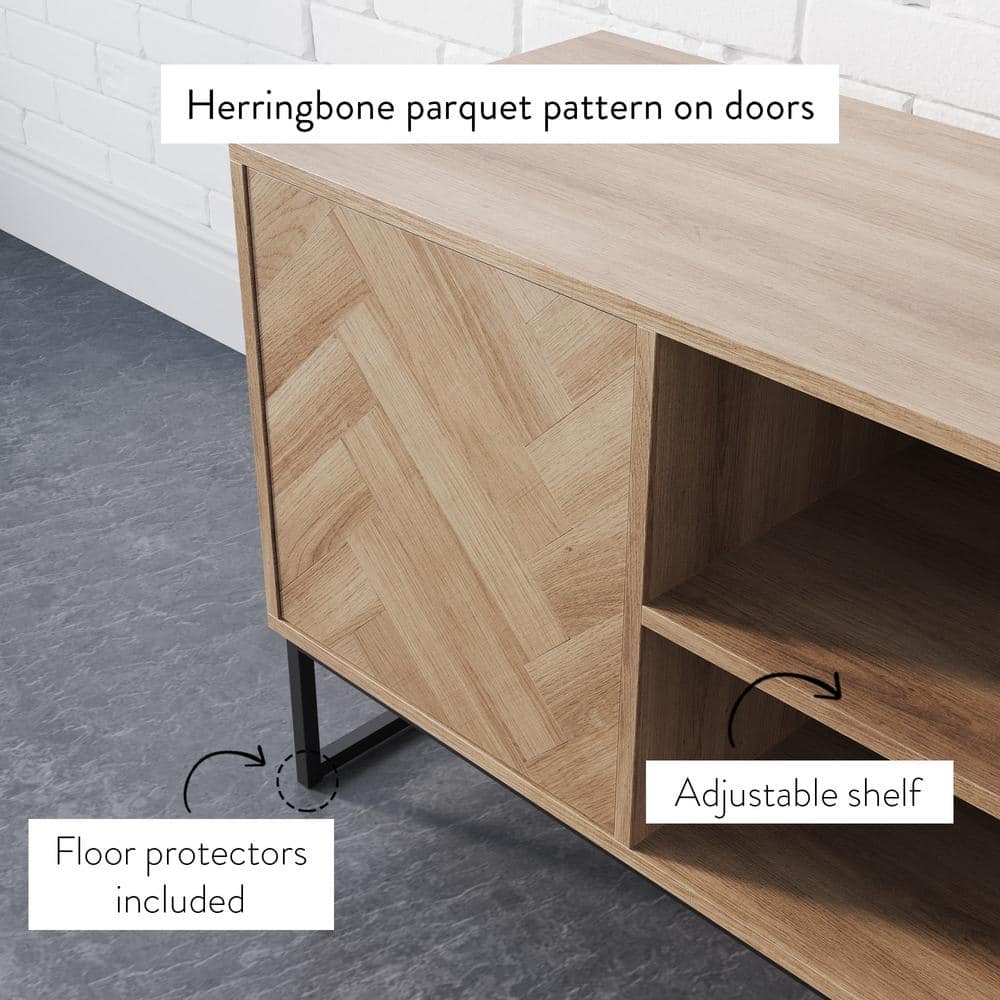 Reclaimed Oak and Matte Black Media Console with Herringbone Detail