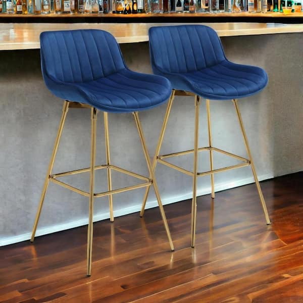 HomeRoots 28.94 in. Blue and Gold Low Back Metal Bar Chair with Velvet Seat Set of 2