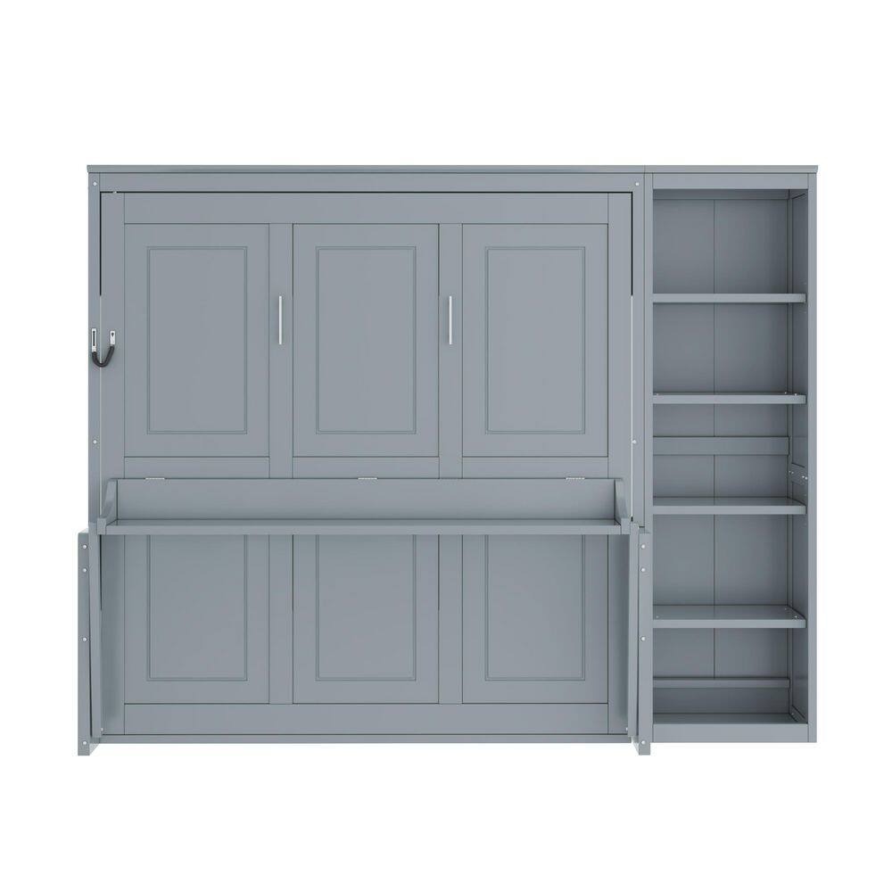 White Wood Frame Queen Size Murphy Bed Wall Bed with Integrated Desk and Storage Shelves - thumbnail 5