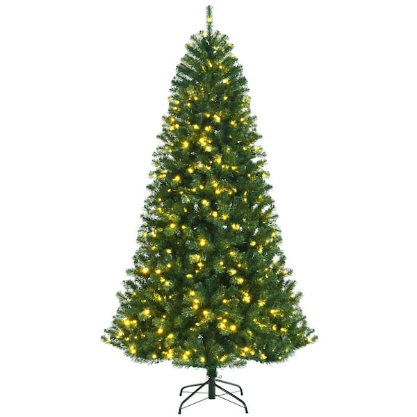 Gymax 7 ft. Pre-Lit Artificial Christmas Tree Hinged Xmas Tree with 9 Lighting Modes