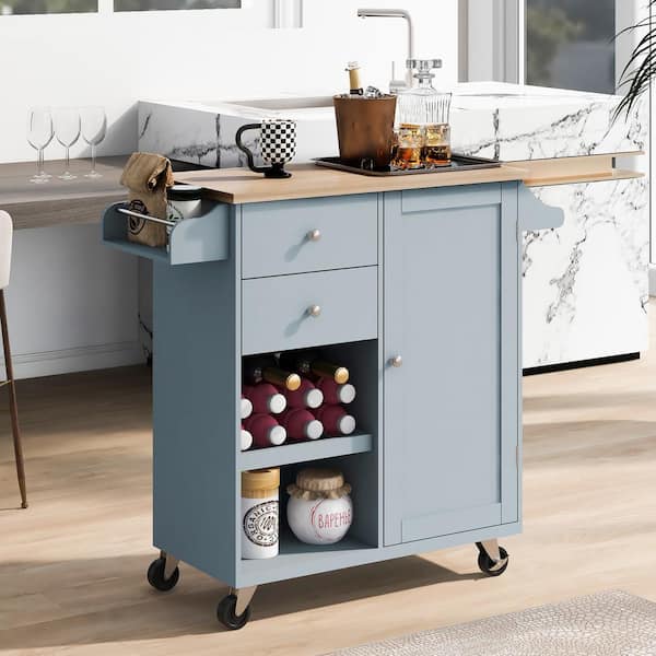 Mint Green Rubber Wood Top 52.2 in. W Kitchen Island on 4-Wheels with Sliding Barn Door and 2-Drawers