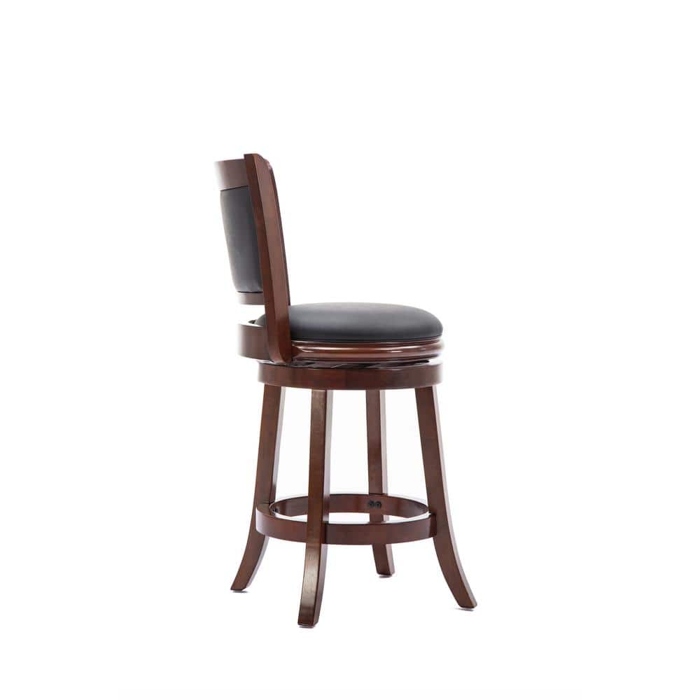 Cherry Wood Swivel Counter Stool with Black Leather Upholstery