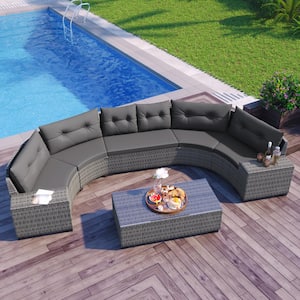 Modern Half-Moon Gray Wicker Outdoor Sectional Set with Gray Cushions (8-Piece)