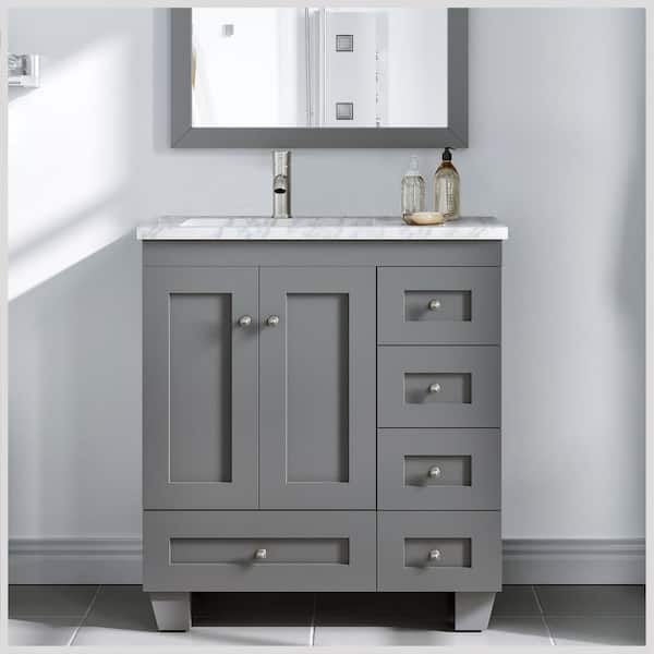 Eviva Happy 30 in. W x 18 in. D x 34 in. H Bathroom Vanity in Gray with White Carrara Marble Top with White Sink