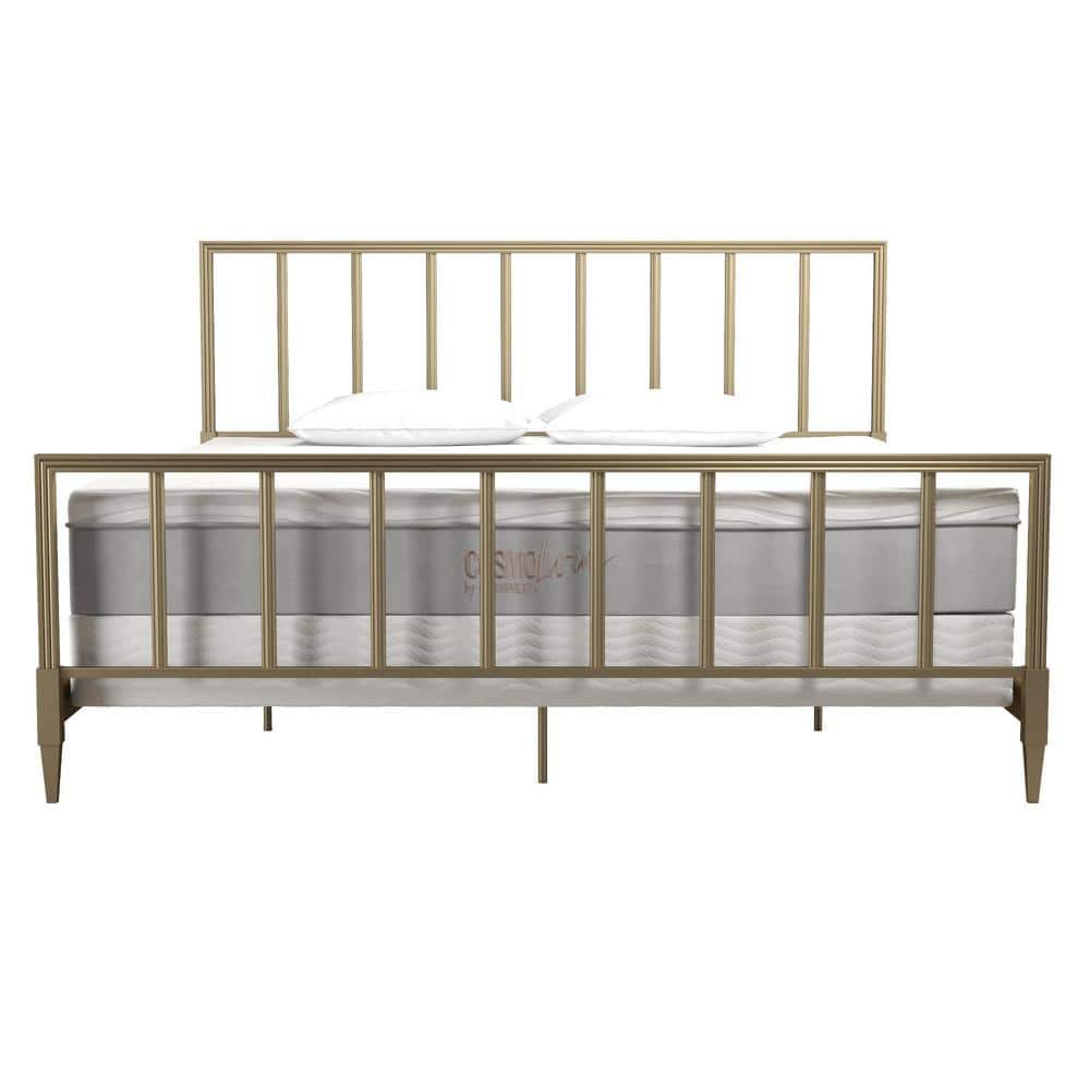 Blair King Size Golden Brass Metal Bed with Engraved Headboard