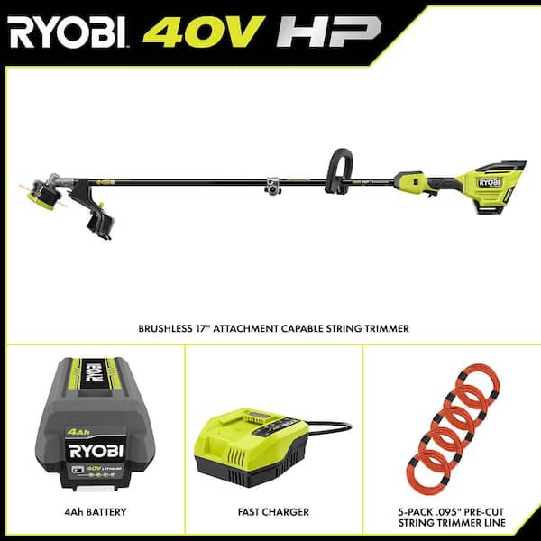 40V HP Brushless 17 in. Attachment Capable String Trimmer w/ Extra 5-Pack of Pre-Cut Line, 4.0 Ah Battery & Charger