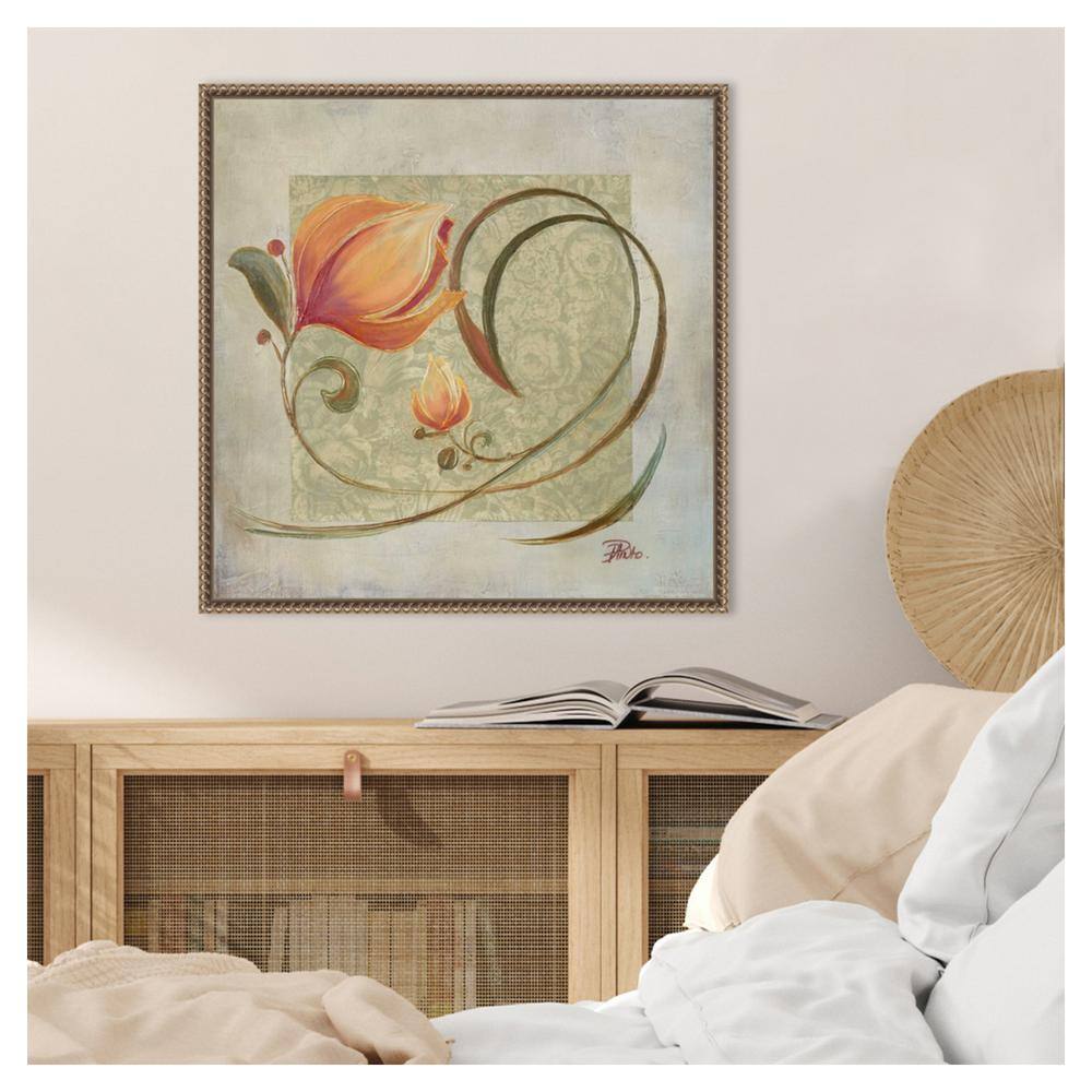 Peach Floral Beaded Bronze Framed Canvas Wall Art