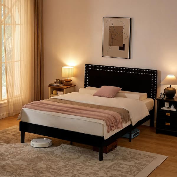 VECELO Upholstered Bed Black Metal Frame Queen Platform Bed