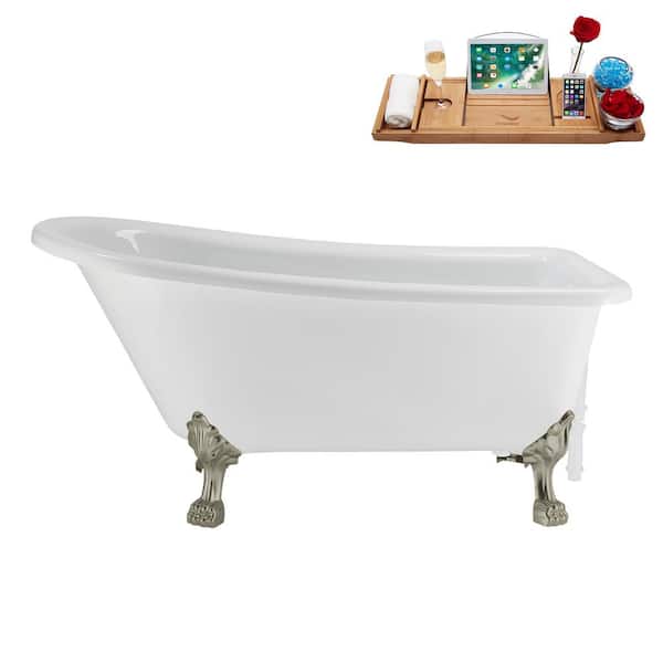 Streamline 58 in. x 28 in. Acrylic Clawfoot Soaking Bathtub in Glossy White with Glossy White Drain, Brushed Nickel Clawfeet