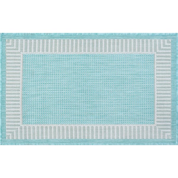 Tayse Rugs Eco Striped Border Aqua 2 ft. x 3 ft. Indoor/Outdoor Area Rug