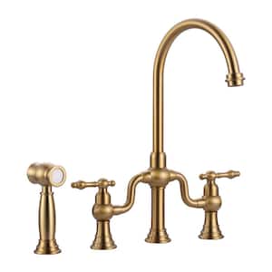 Double-Handle High-Arc Widespread Deck Mounted Kitchen Faucet With Side Spray in Brass Gold
