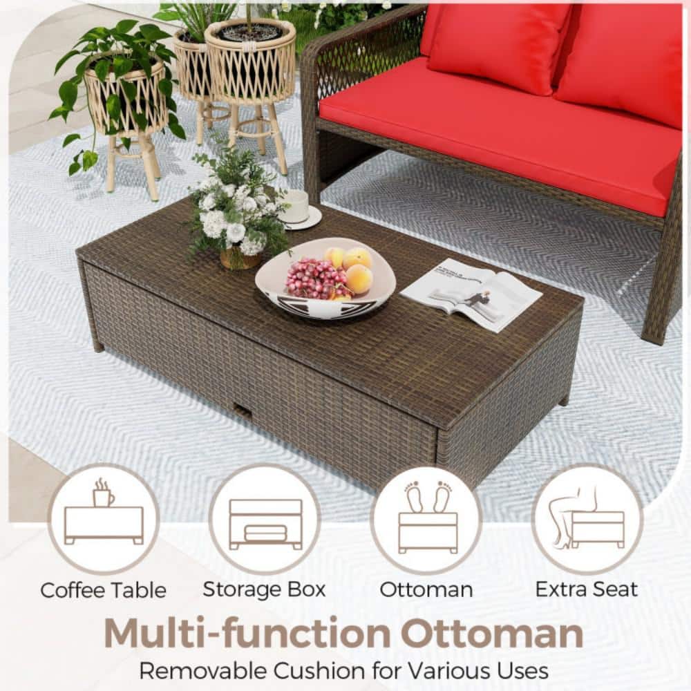 Red Adjustable Rattan Loveseat with Multifunctional Ottoman